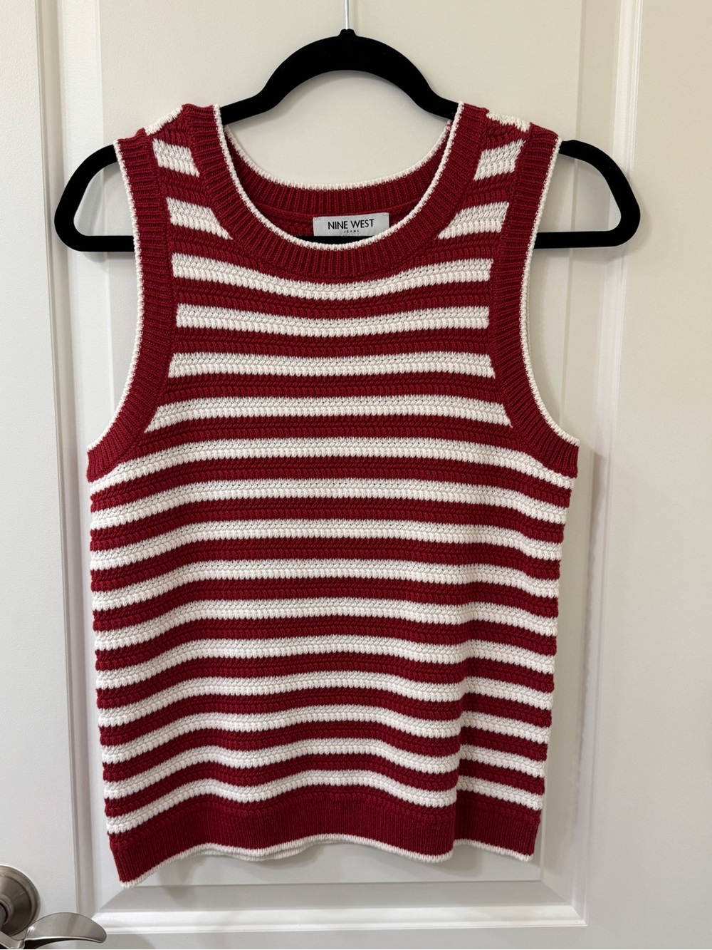 Nine West Red and White Striped Sleeveless Knit Crew Tank